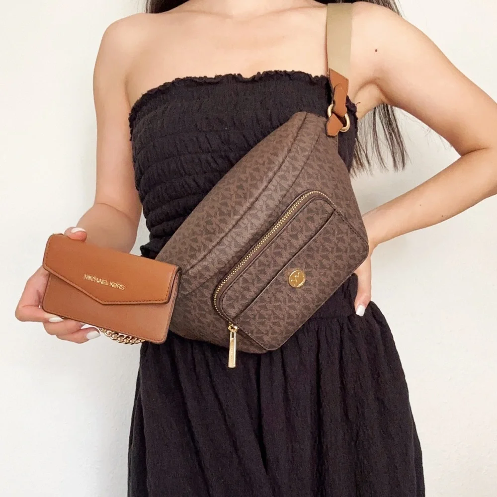 Michael Kors Maisie 2 In 1 Large Waistpack Fannypack Belt Bag Brown MK Signature - Picture 2 of 6